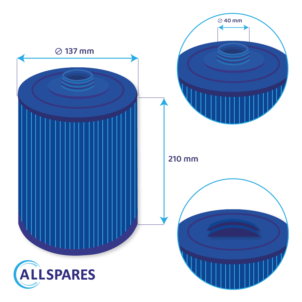 Technische Zeichnung eines blauen zylindrischen Filters mit Maßen von 137 mm Durchmesser und 210 mm Höhe.