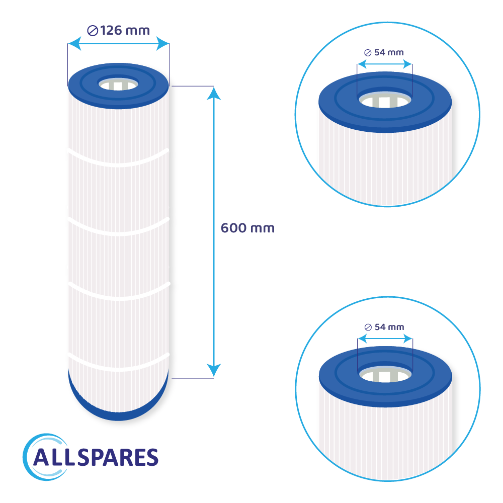 Diagramm eines zylindrischen Filterelements mit Maßen: 600 mm Länge, 126 mm Durchmesser und 54 mm Öffnung.