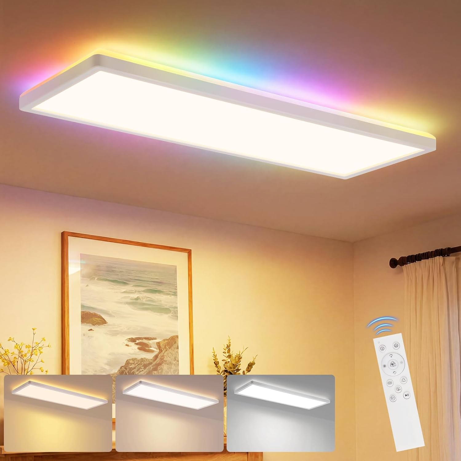 Eine rechteckige Deckenleuchte leuchtet weiß mit farbiger Hintergrundbeleuchtung in einem Raum mit Fernbedienung und Bild.