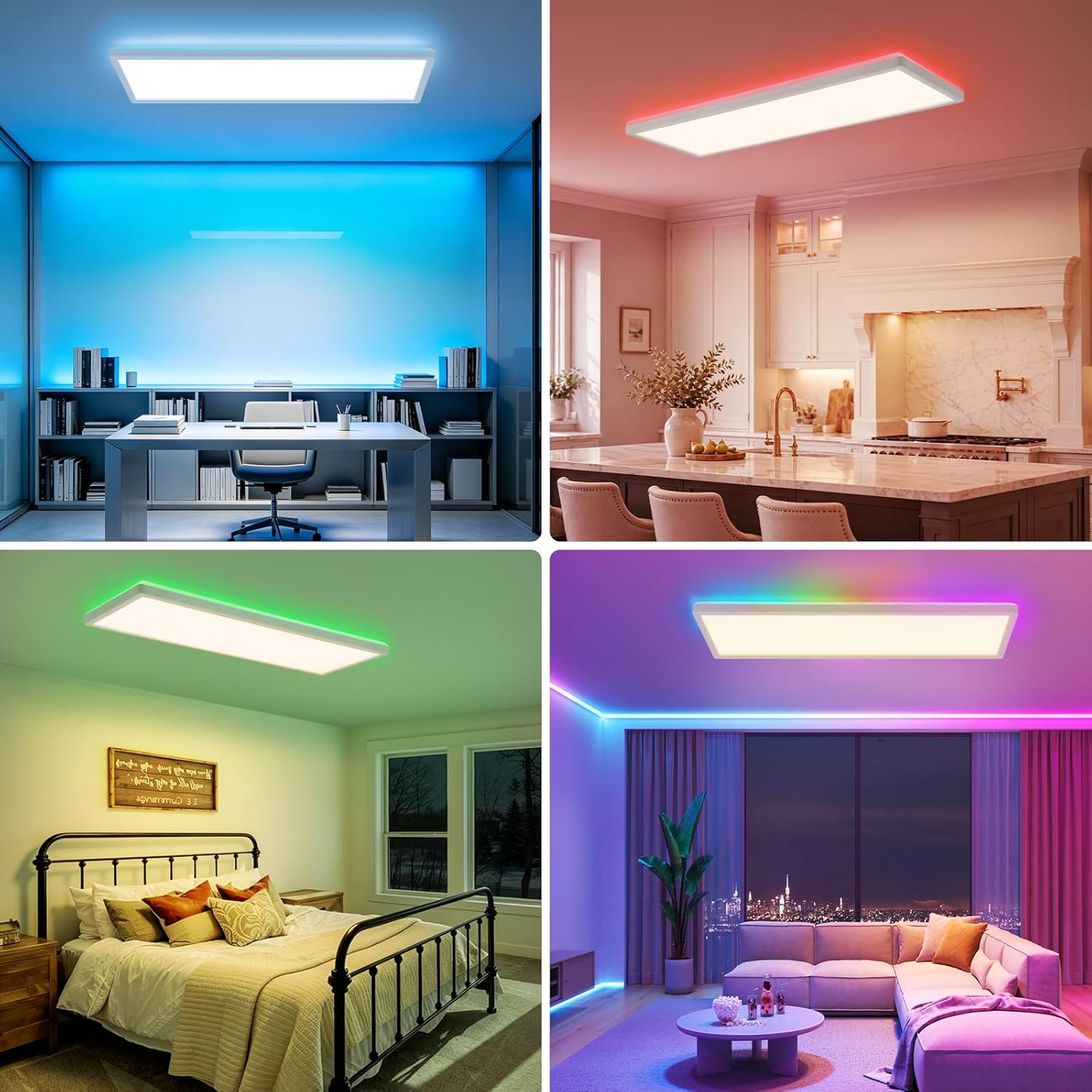Vier Raumansichten mit modernen LED-Deckenleuchten und bunten RGB-Akzenten in Büro, Küche, Schlafzimmer und Wohnzimmer.