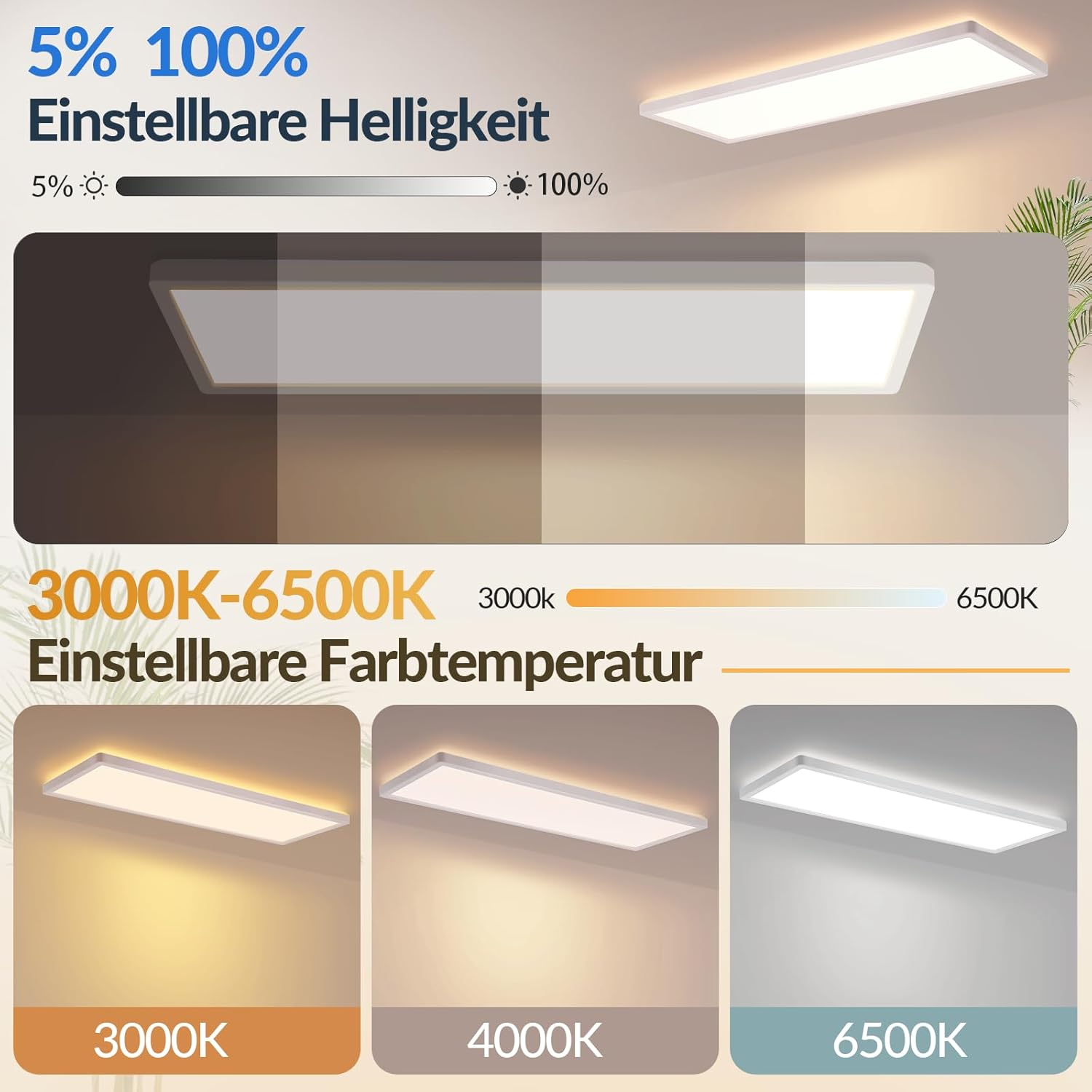 LED-Deckenleuchte mit einstellbarer Helligkeit und Farbtemperatur von 3000K bis 6500K.