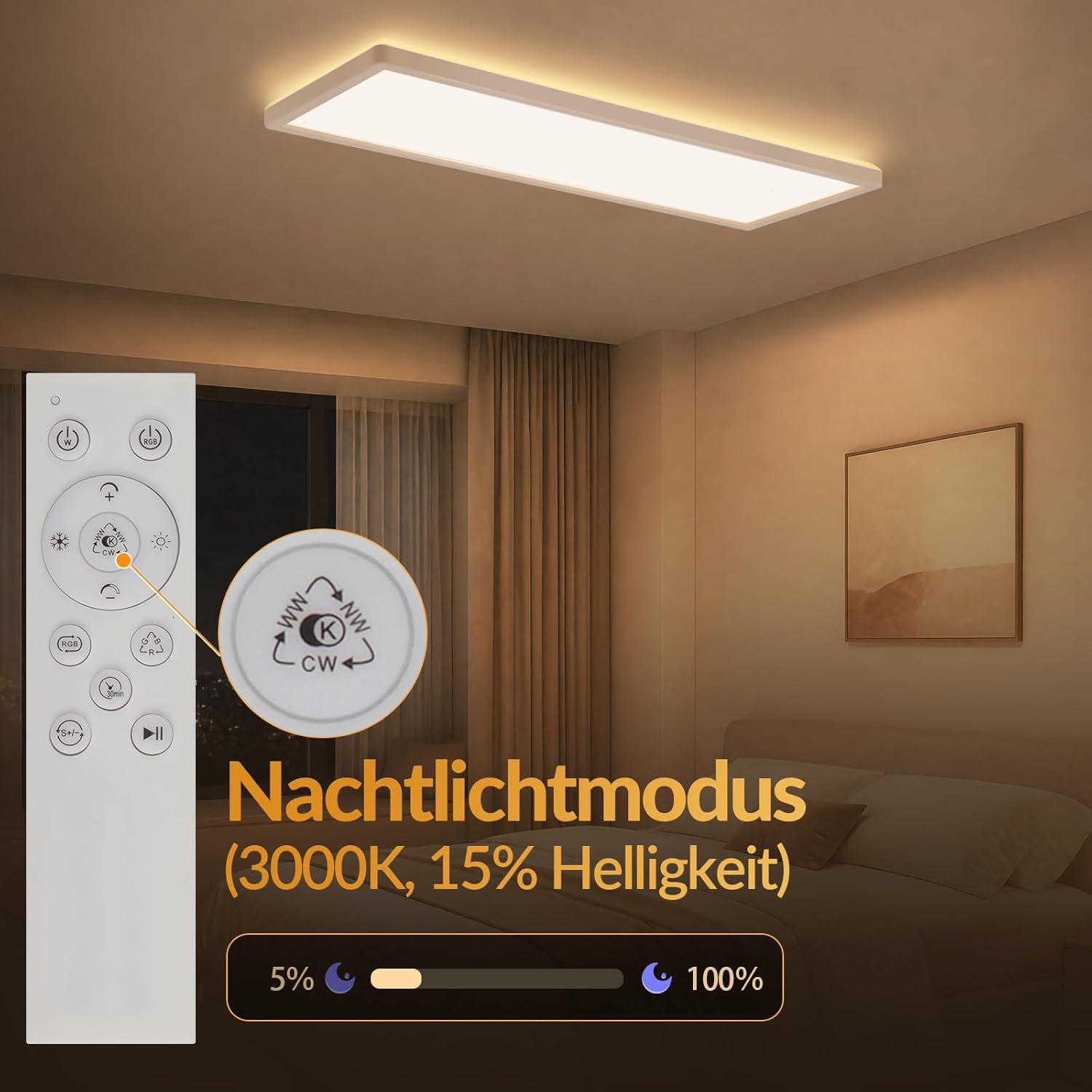 Ein modernes Schlafzimmer mit Fernbedienung für den Nachtlichtmodus bei 3000K und 15% Helligkeit.