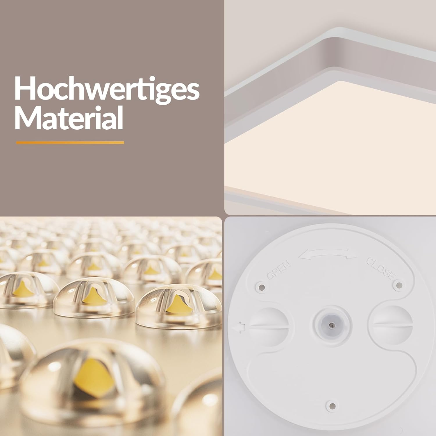 Vier Bilder zeigen hochwertige Materialien, eine Leuchte, LEDs und die Rückseite.