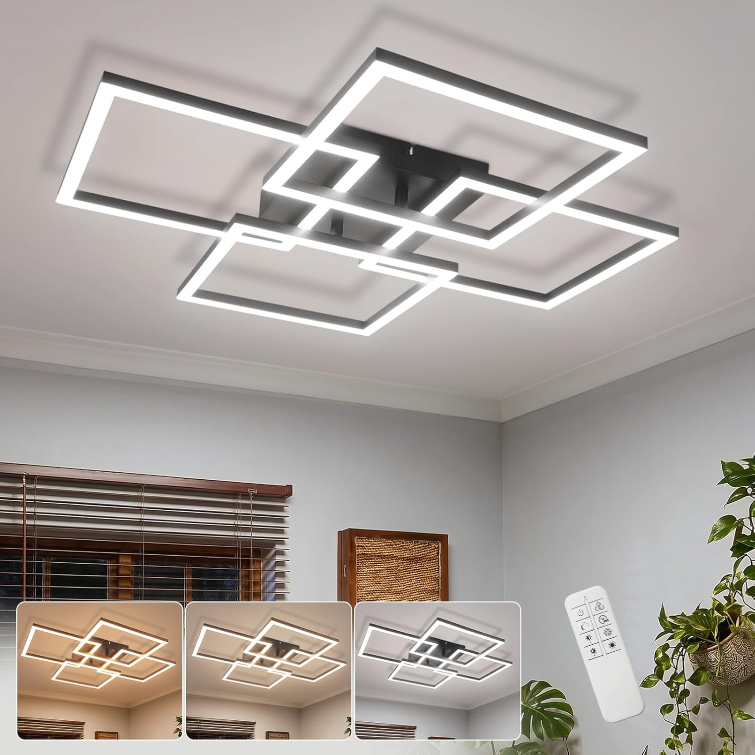 Moderne quadratische LED-Deckenlampe mit Fernbedienung, die verschiedene Lichtfarben zeigt.