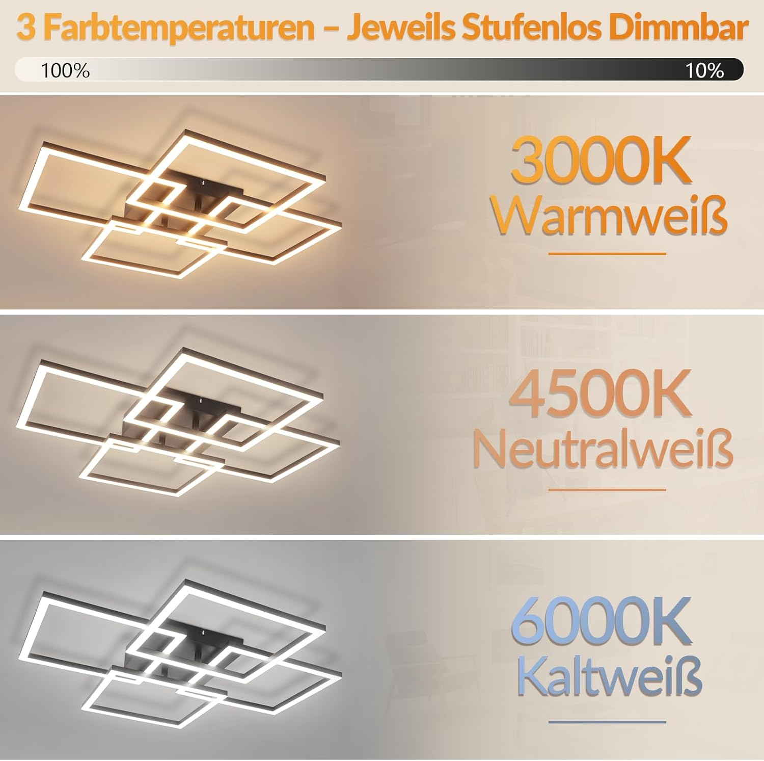 Moderne Deckenlampe mit verstellbarer Farbtemperatur in Warmweiß, Neutralweiß und Kaltweiß.