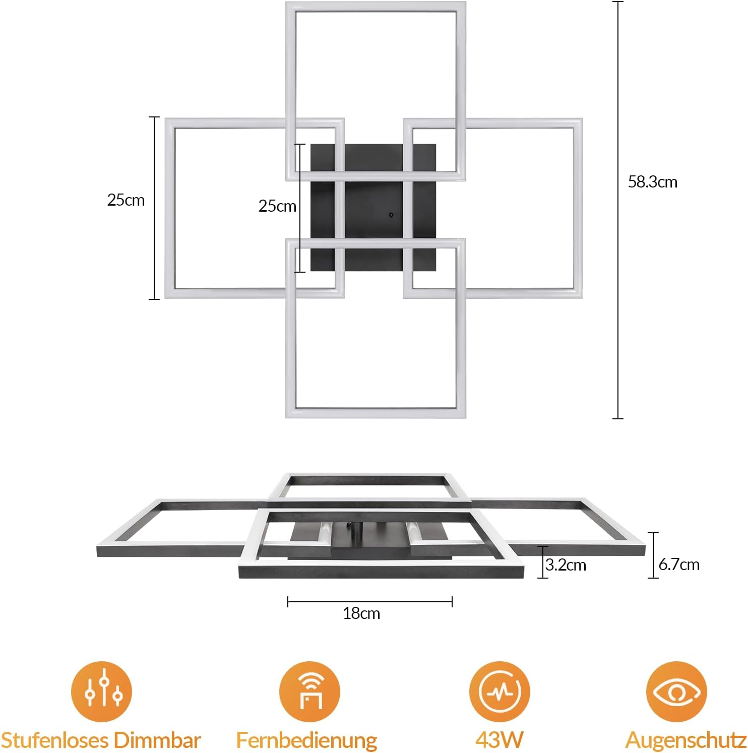 Technische Zeichnung einer modernen quadratischen Deckenlampe mit Maßen und Icons für Funktionen.
