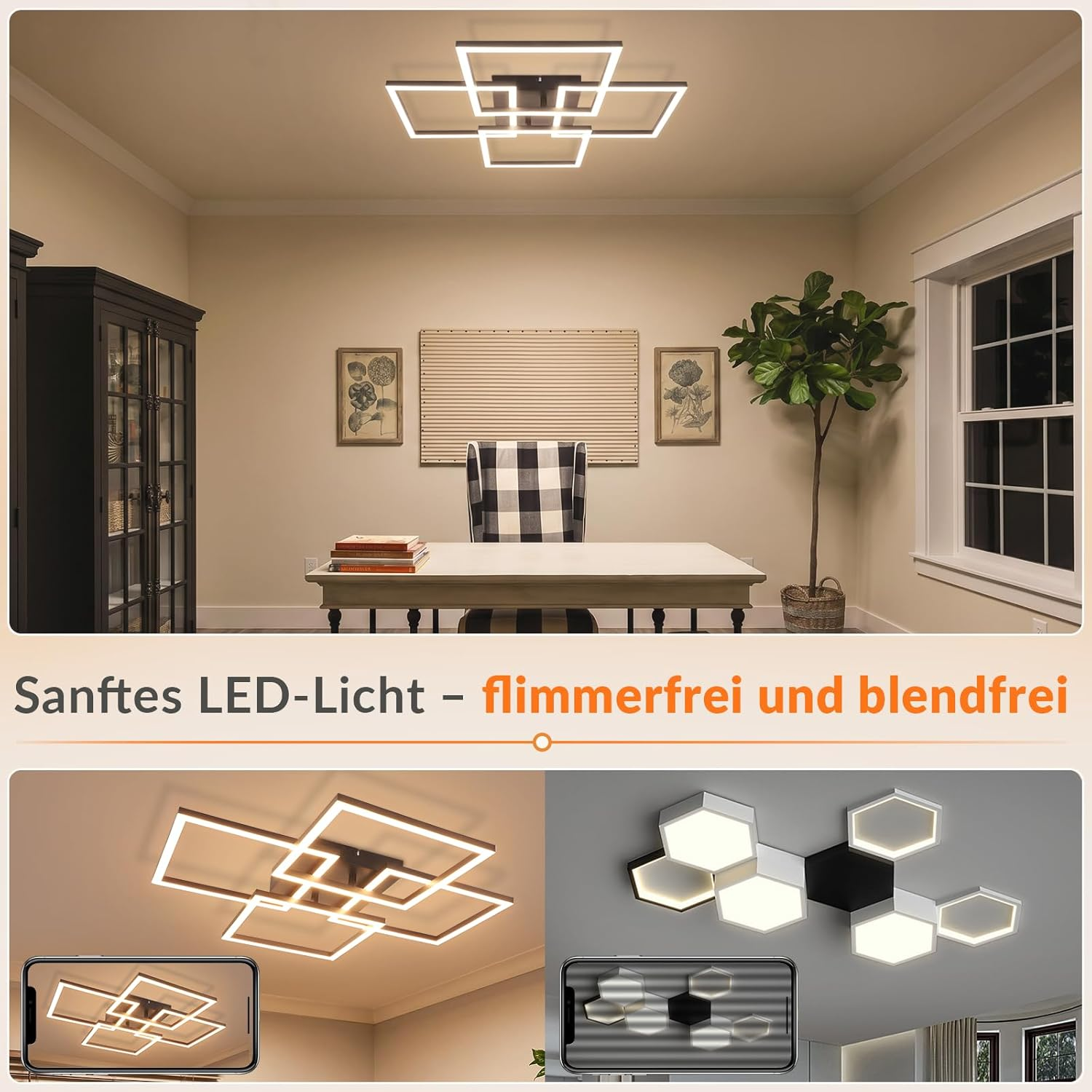Ein Zimmer mit quadratischer LED-Deckenleuchte, Schreibtisch, Pflanze und zwei kleineren Bildern weiterer Leuchten.