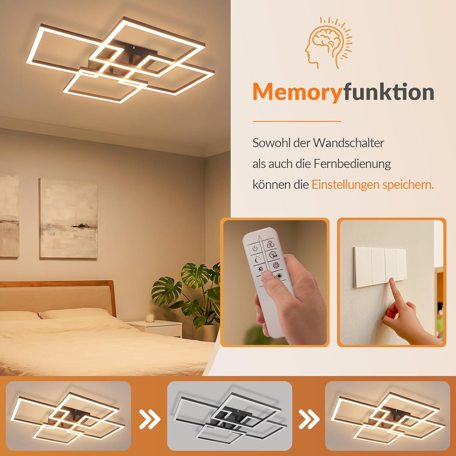 Moderne LED Deckenlampe in einem Schlafzimmer, mit Fernbedienung, Wandschalter und Memoryfunktion.