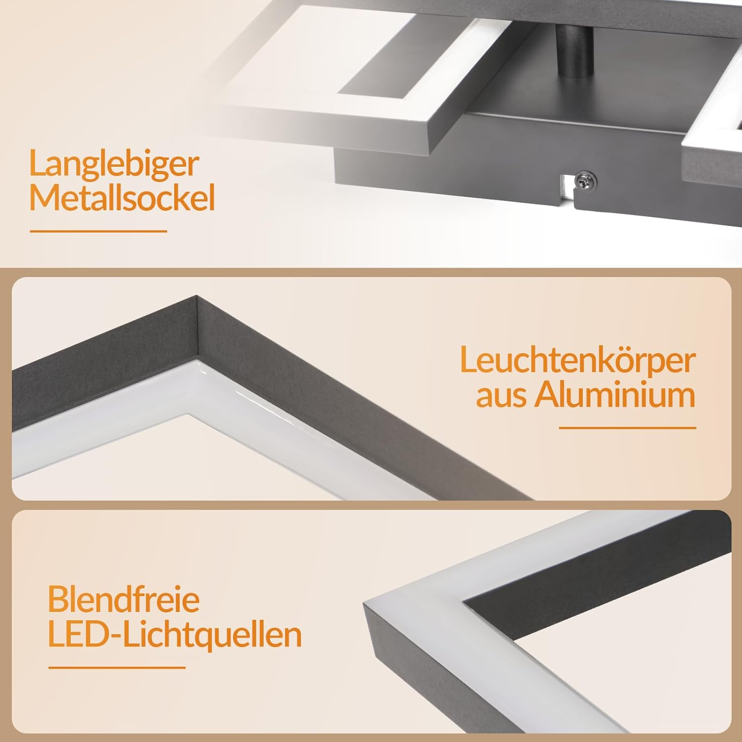 Drei Produktbilder zeigen eine moderne LED-Deckenleuchte mit Metallrahmen und integrierten Texten auf Deutsch.