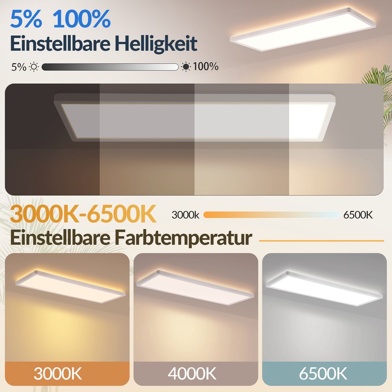 LED-Deckenleuchte mit einstellbarer Helligkeit (5% bis 100%) und Farbtemperatur (3000K bis 6500K).