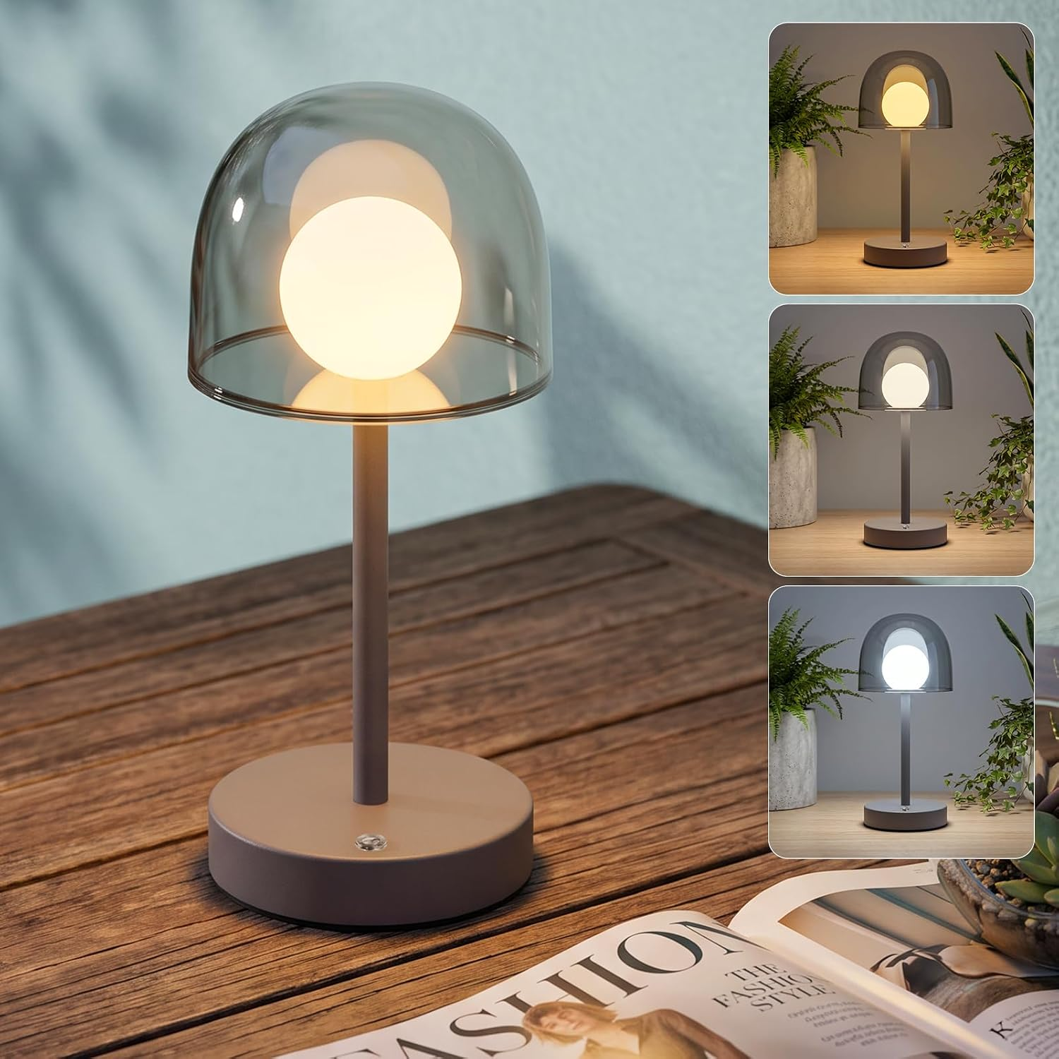 Eine elegante Tischlampe mit runder Glaskuppel auf einem Holz Tisch.