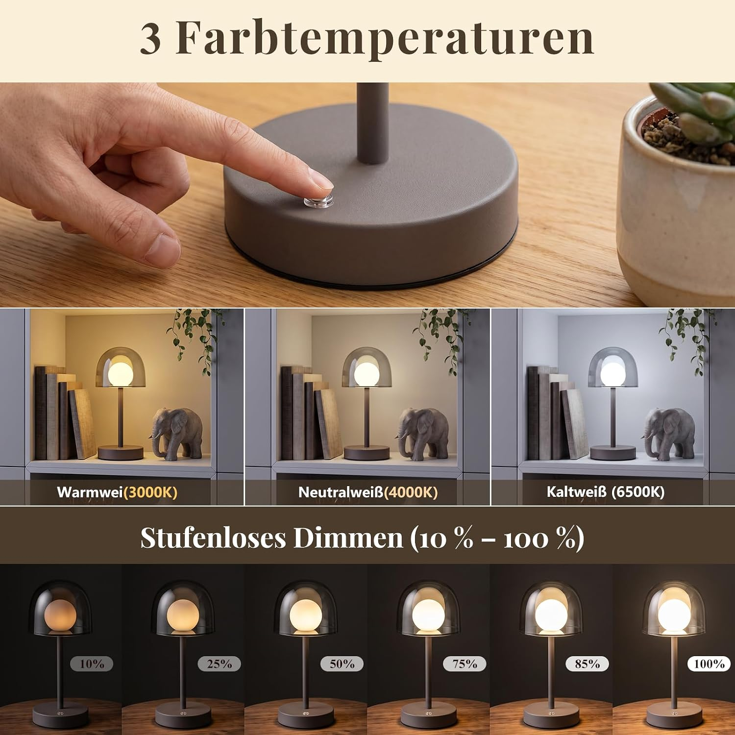 Eine Hand bedient den Schalter einer Lampe, die verschiedene Farbtemperaturen und Dimmstufen zeigt.