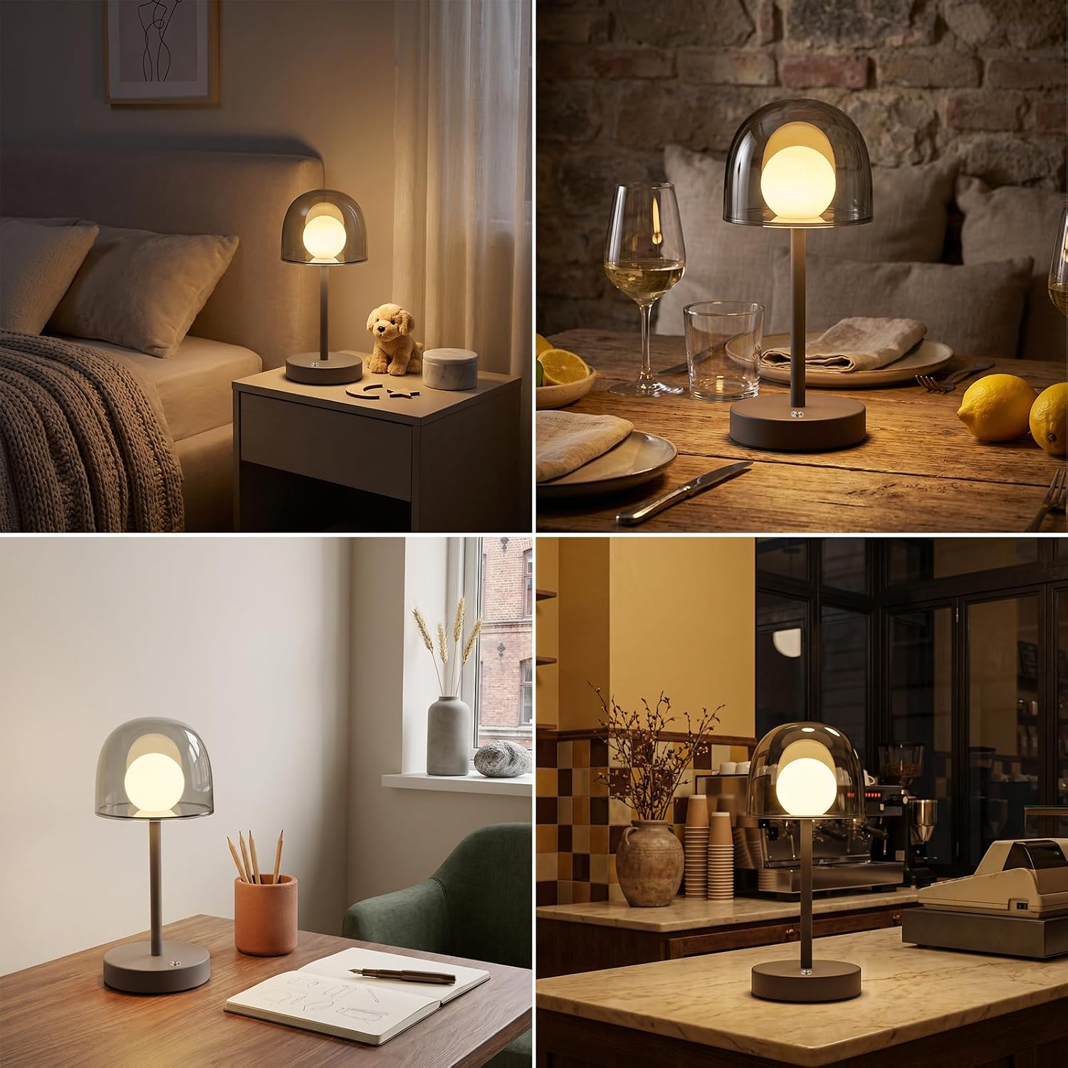 Vier Bilder zeigen dieselbe moderne Tischlampe mit gläsernem Lampenschirm in verschiedenen Innenräumen.