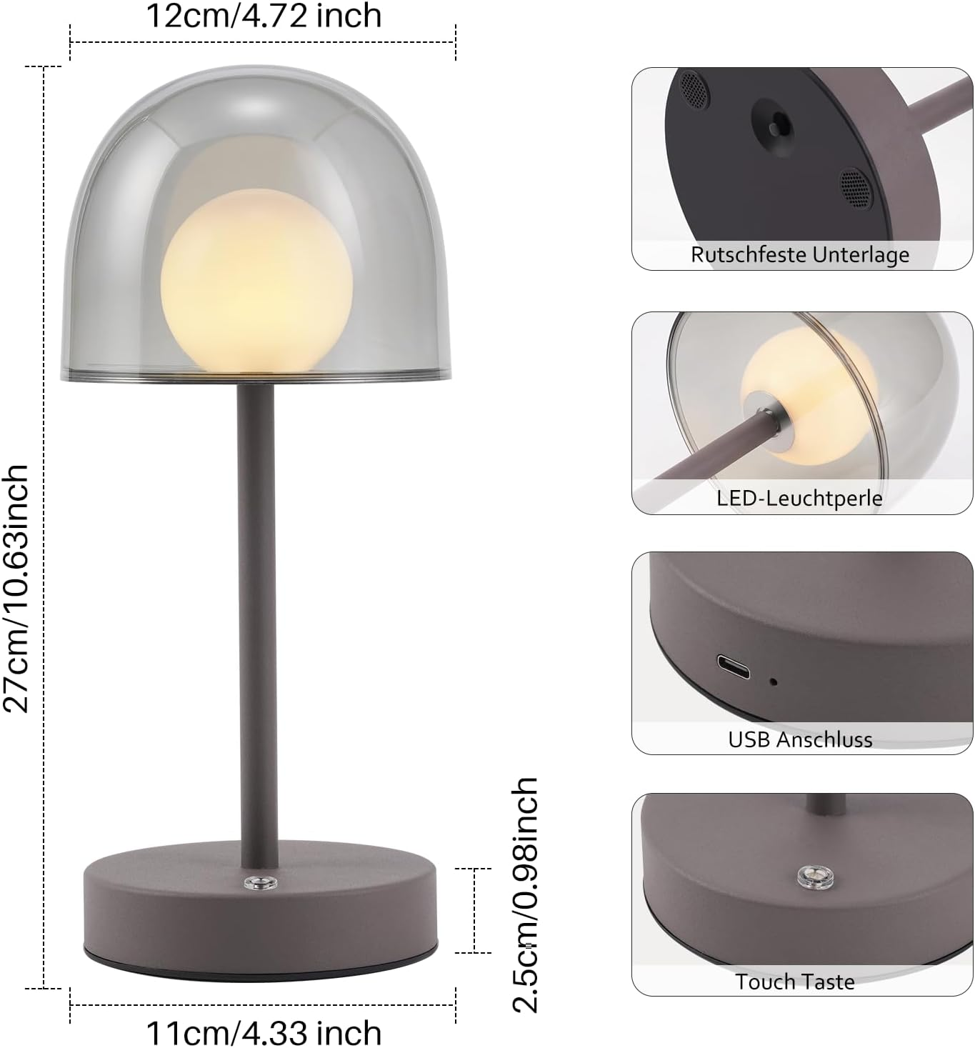 Technische Zeichnung und Details einer grauen LED-Tischlampe mit Maßen und Touch-Taste.