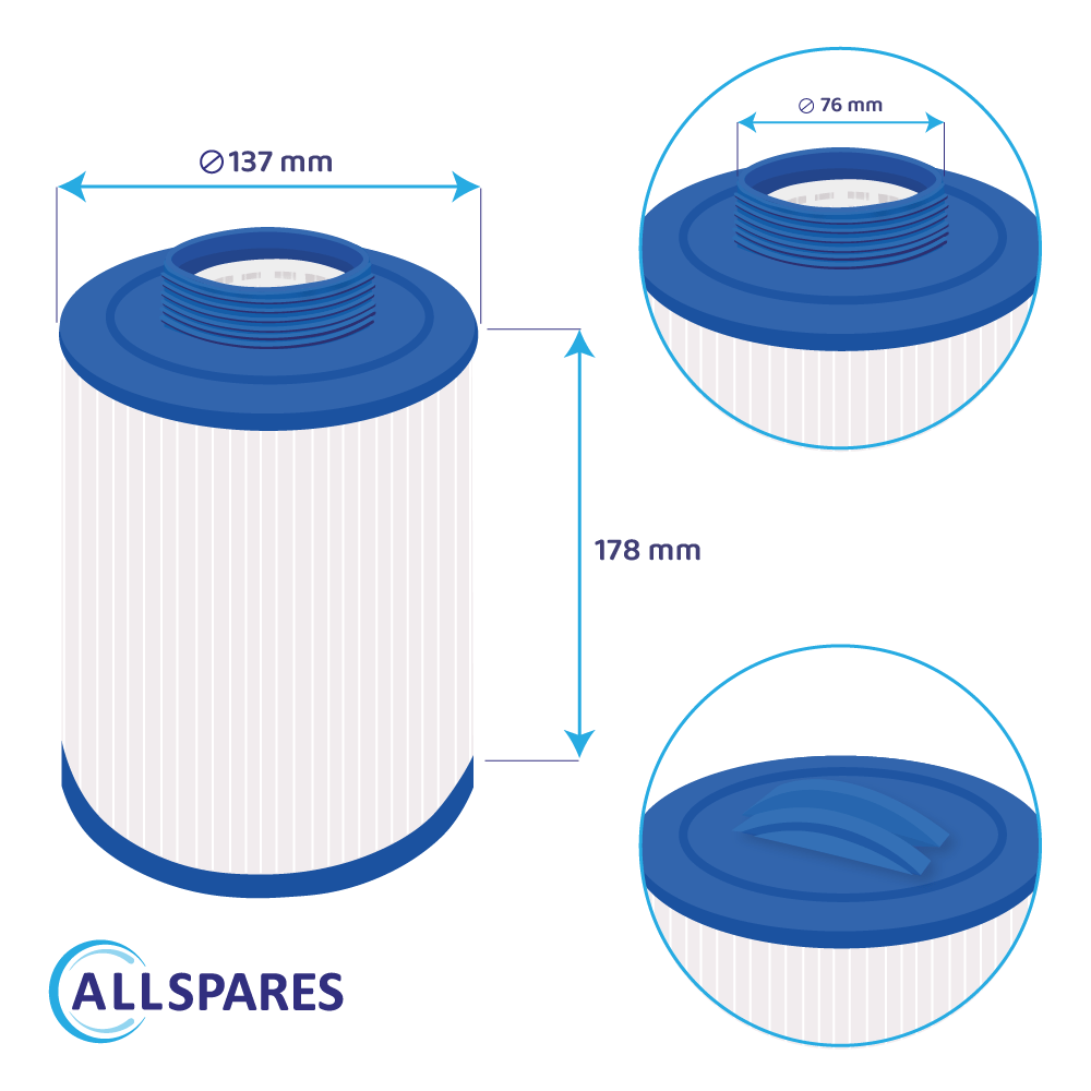 Diagramm eines runden blauen und weißen Poolfilters mit Abmessungen: 137 mm Durchmesser, 178 mm Höhe.