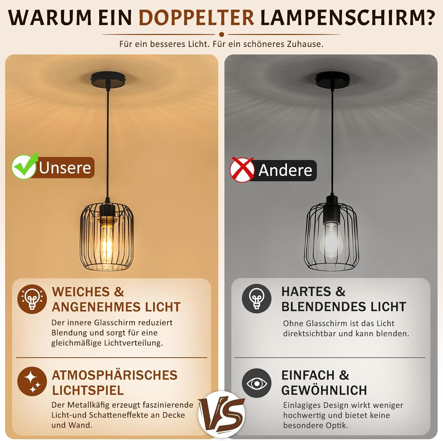 Vergleich zweier Pendelleuchten: Eine mit weichem Licht und Glasinnen schirm, die andere mit hartem, direktem Licht.
