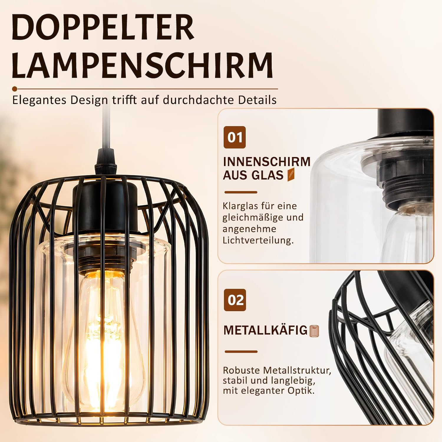 Produktwerbung für eine Hängeleuchte mit Glasinnenschirm und schwarzem Metallkäfig.