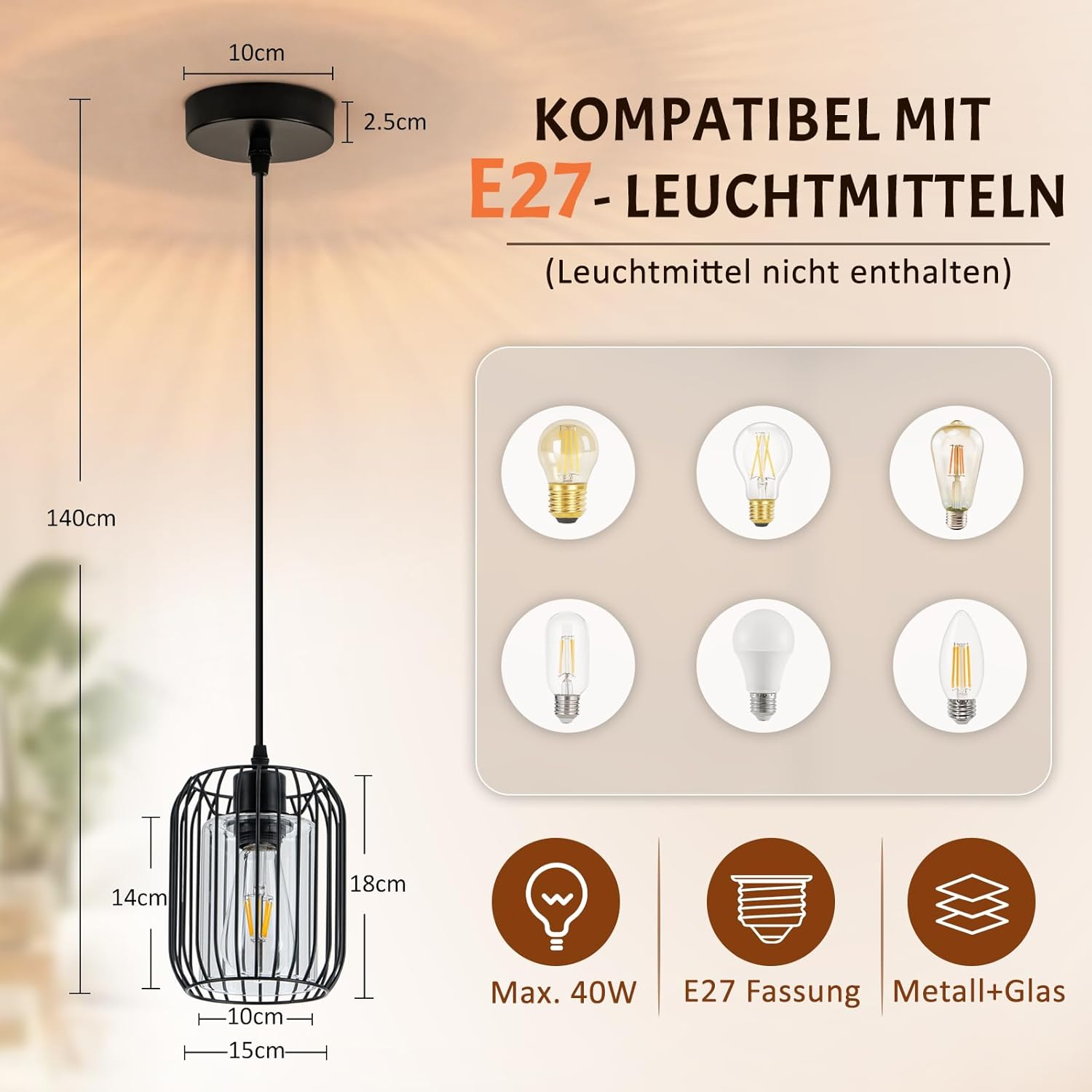 Schwarze Käfig-Pendelleuchte mit Maßen und E27-Leuchtmittelkompatibilität.