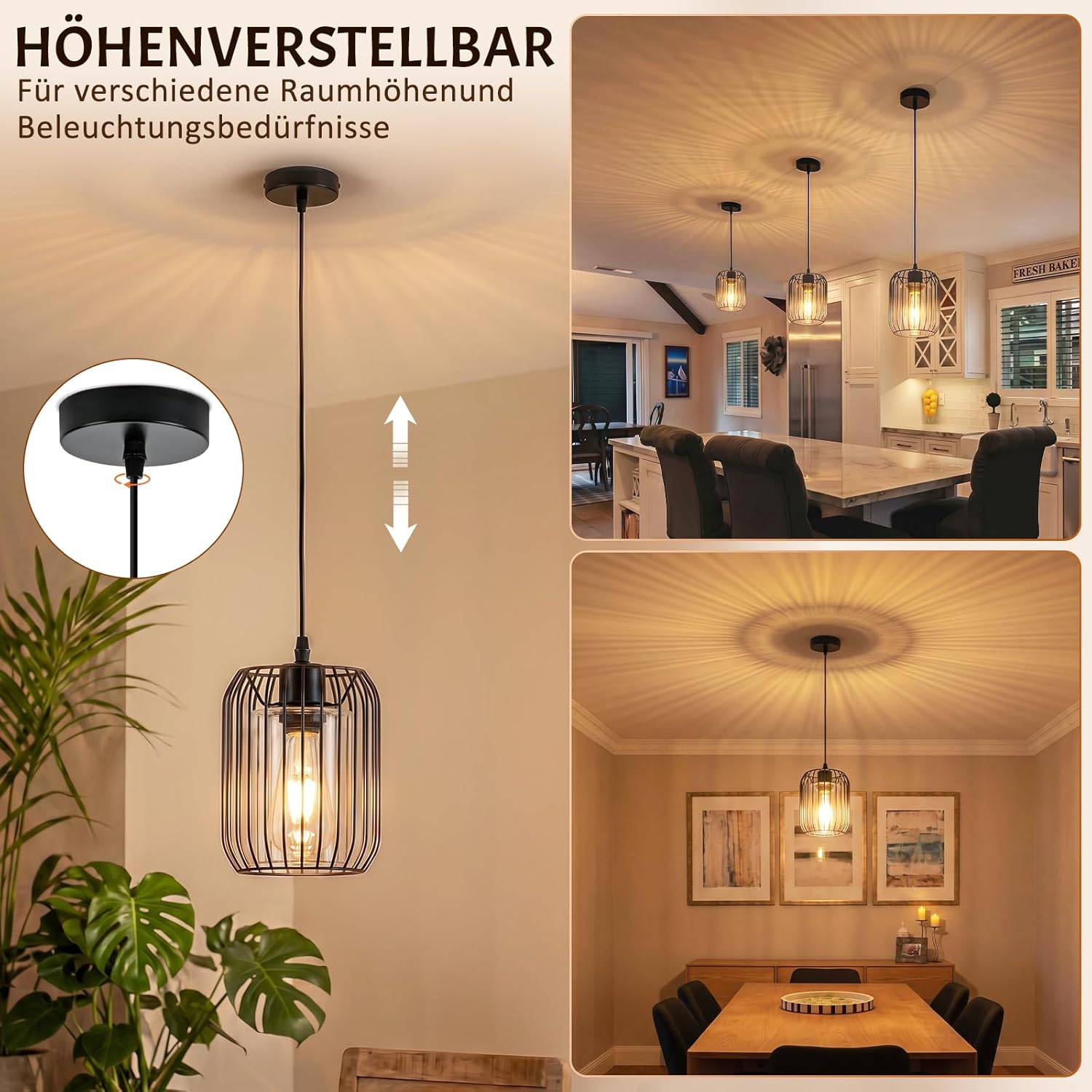 Höhenverstellbare schwarze Draht-Hängeleuchte mit faszinierendem Lichtmuster an der Decke in verschiedenen Räumen.