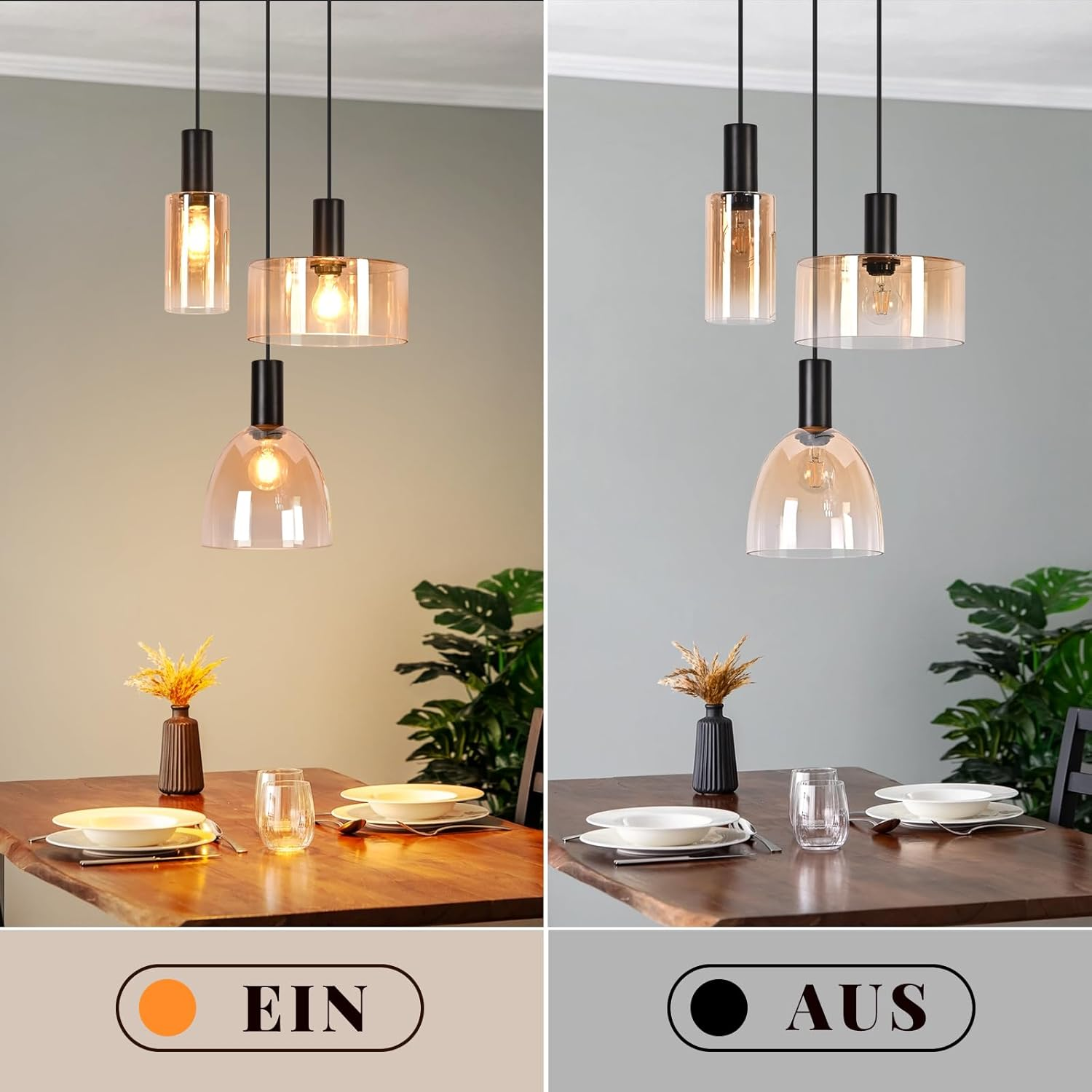 Vergleich zweier Lampen: links eingeschaltet mit warmem Licht, rechts ausgeschaltet über einem gedeckten Holztisch.
