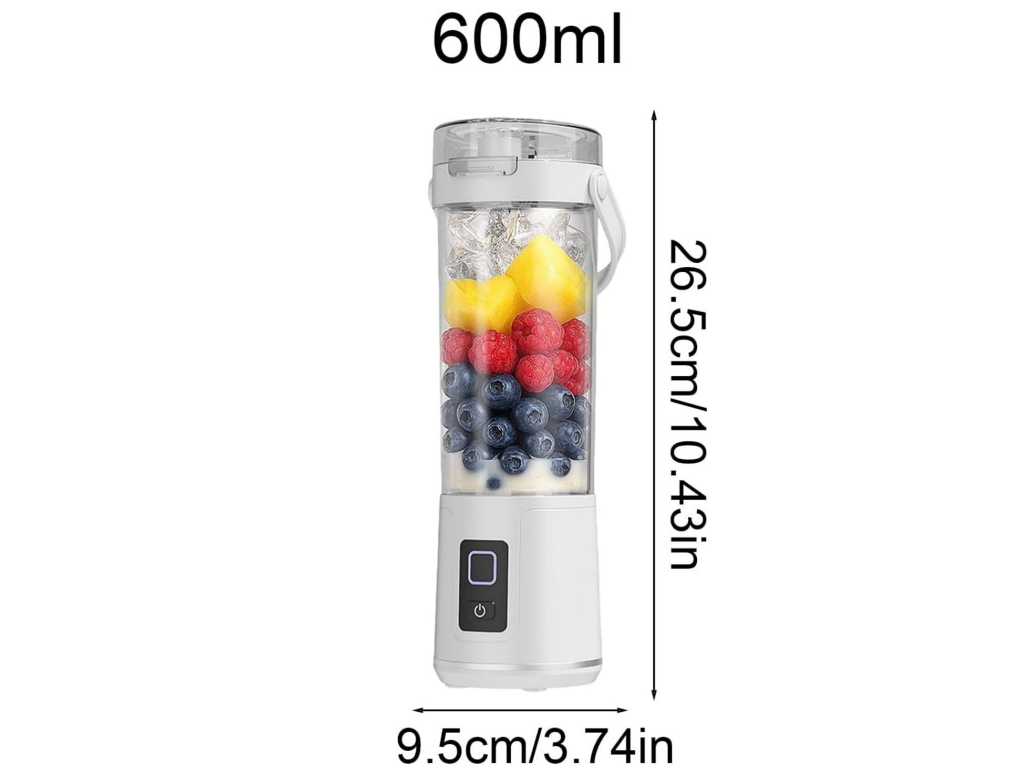 Weißer tragbarer Blender mit Früchten und Maßen von 26,5 cm Höhe und 9,5 cm Breite.