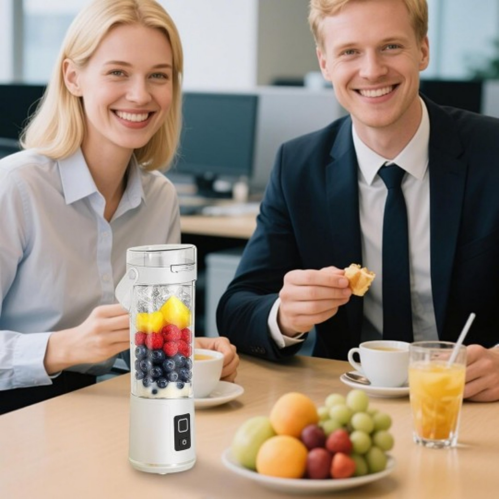 Glückliche Kollegen frühstücken an einem Holztisch mit frischem Obst, Kaffee, Säften und einem tragbaren Mixer.