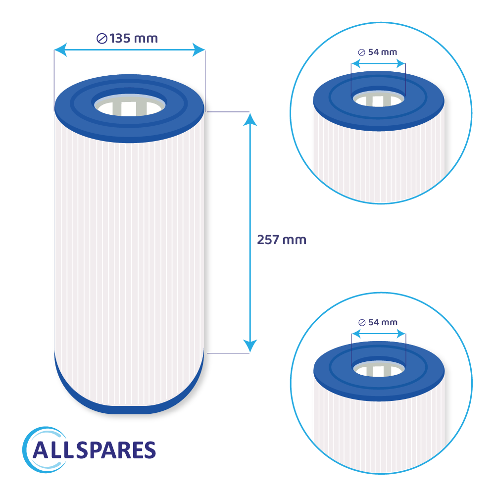 Technische Zeichnung eines zylindrischen Filters mit Maßen von 135 mm, 257 mm und 54 mm.