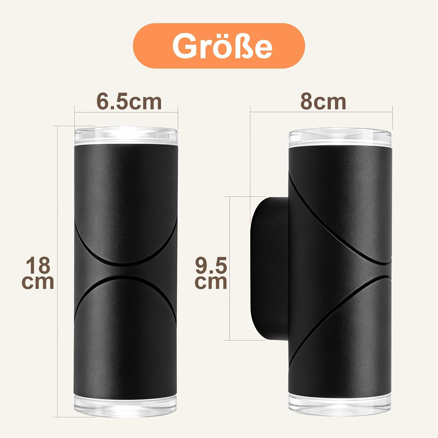 Diagramm zeigt die Maße einer zylindrischen, schwarzen Wandleuchte mit 18 cm Höhe, 6,5 cm Durchmesser und 8 cm Tiefe.