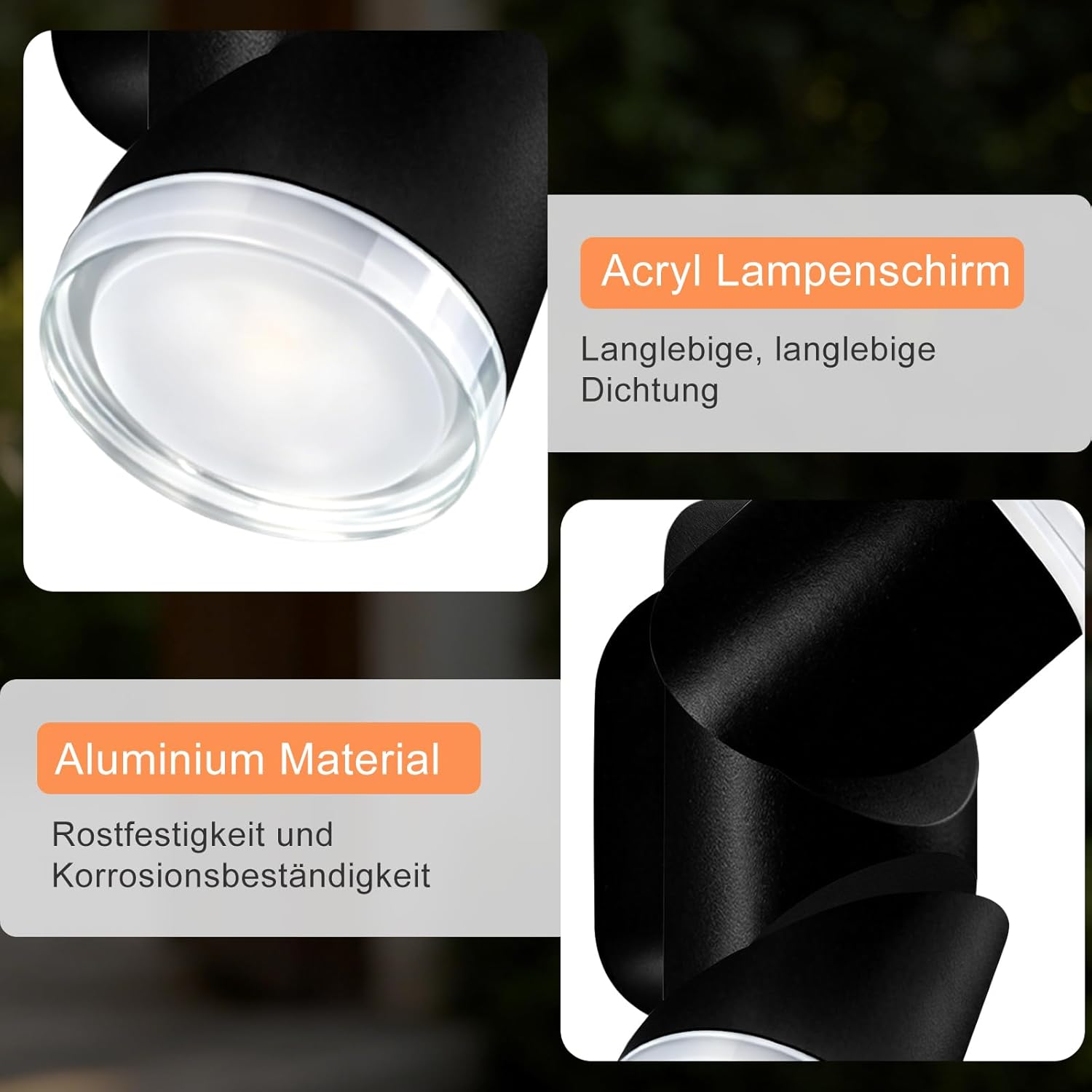 Nahaufnahme eines schwarzen Außenstrahlers mit Acrylschirm und Aluminiumgehäuse.