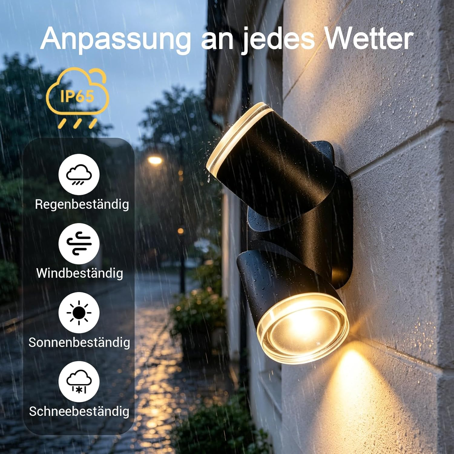 Eine schwarze moderne Außenwandleuchte an einer Steinwand im Regen mit Witterungsbeständigkeitssymbolen.