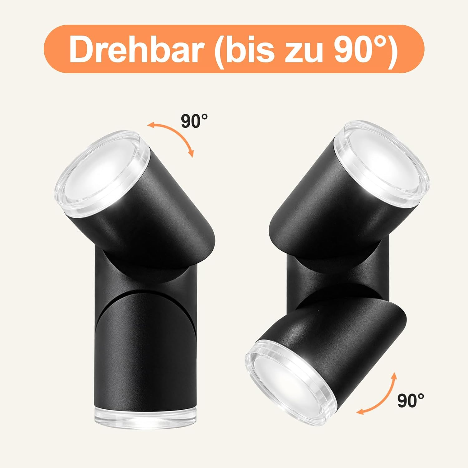 Zwei schwarze Zylinderlampen, die bis zu 90 Grad drehbar sind, mit beleuchteten Enden.