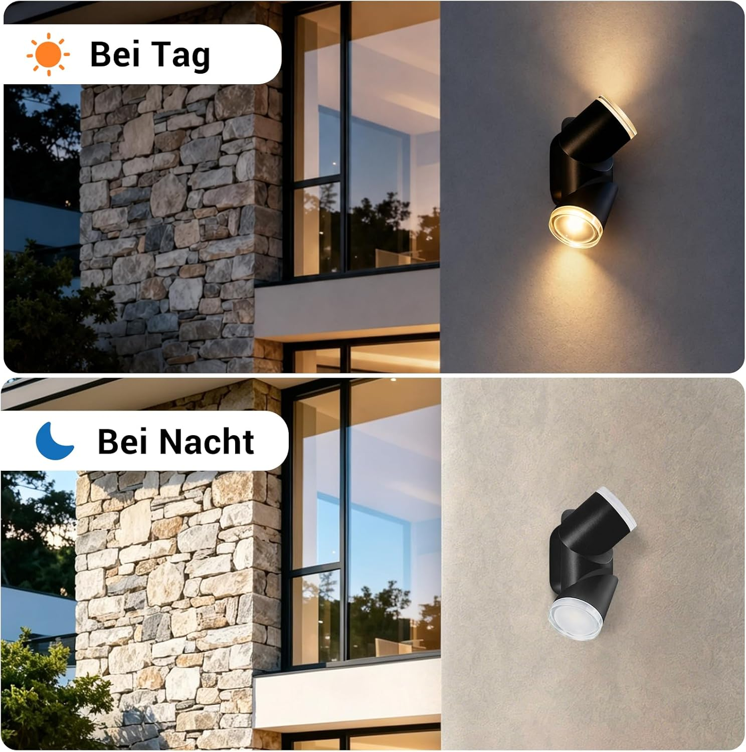 Vergleich einer schwarzen Außenwandleuchte an einer Hauswand bei Tag und Nacht.