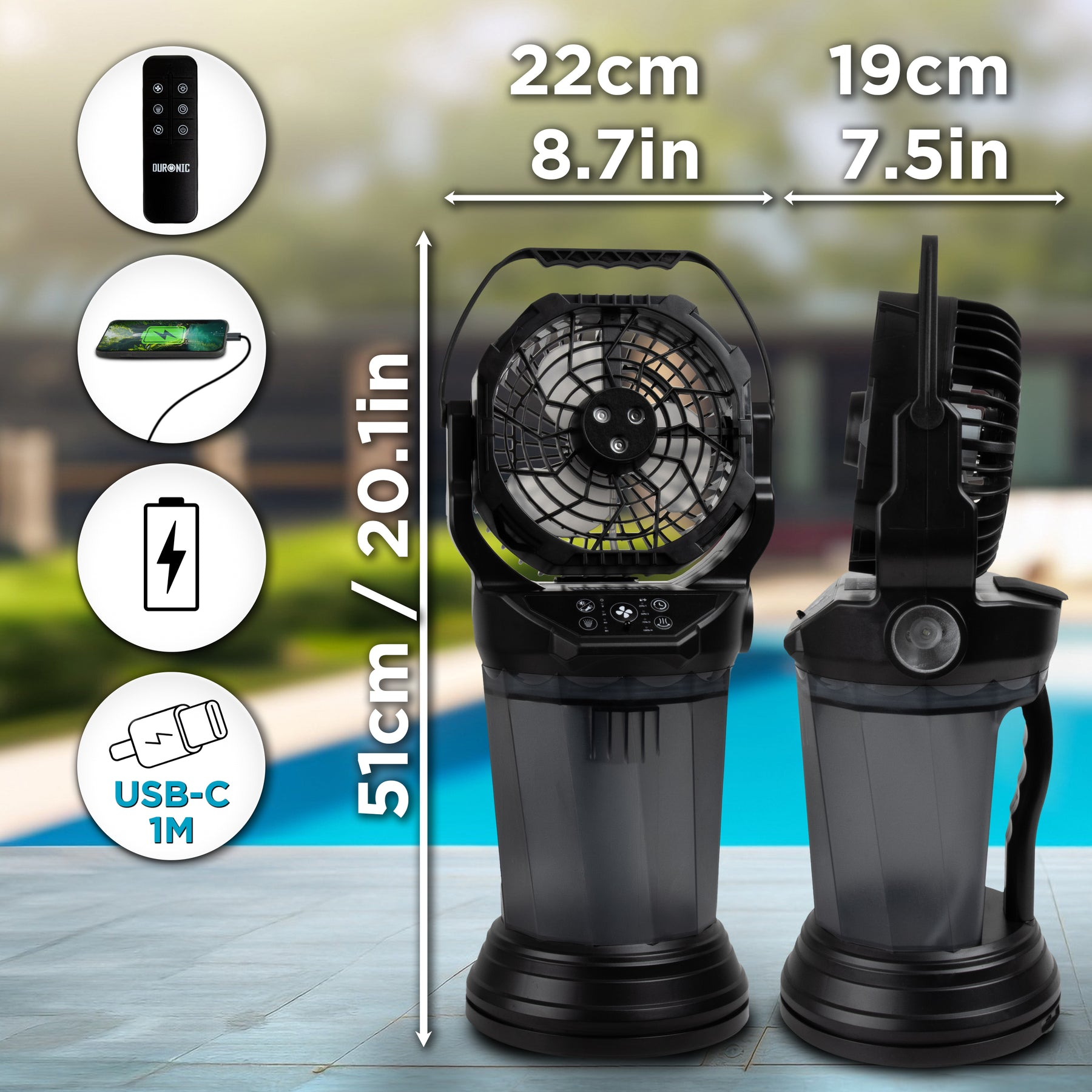 Schwarzer Ventilator mit Abmessungen, Fernbedienung und USB-C, stehend am Pool.