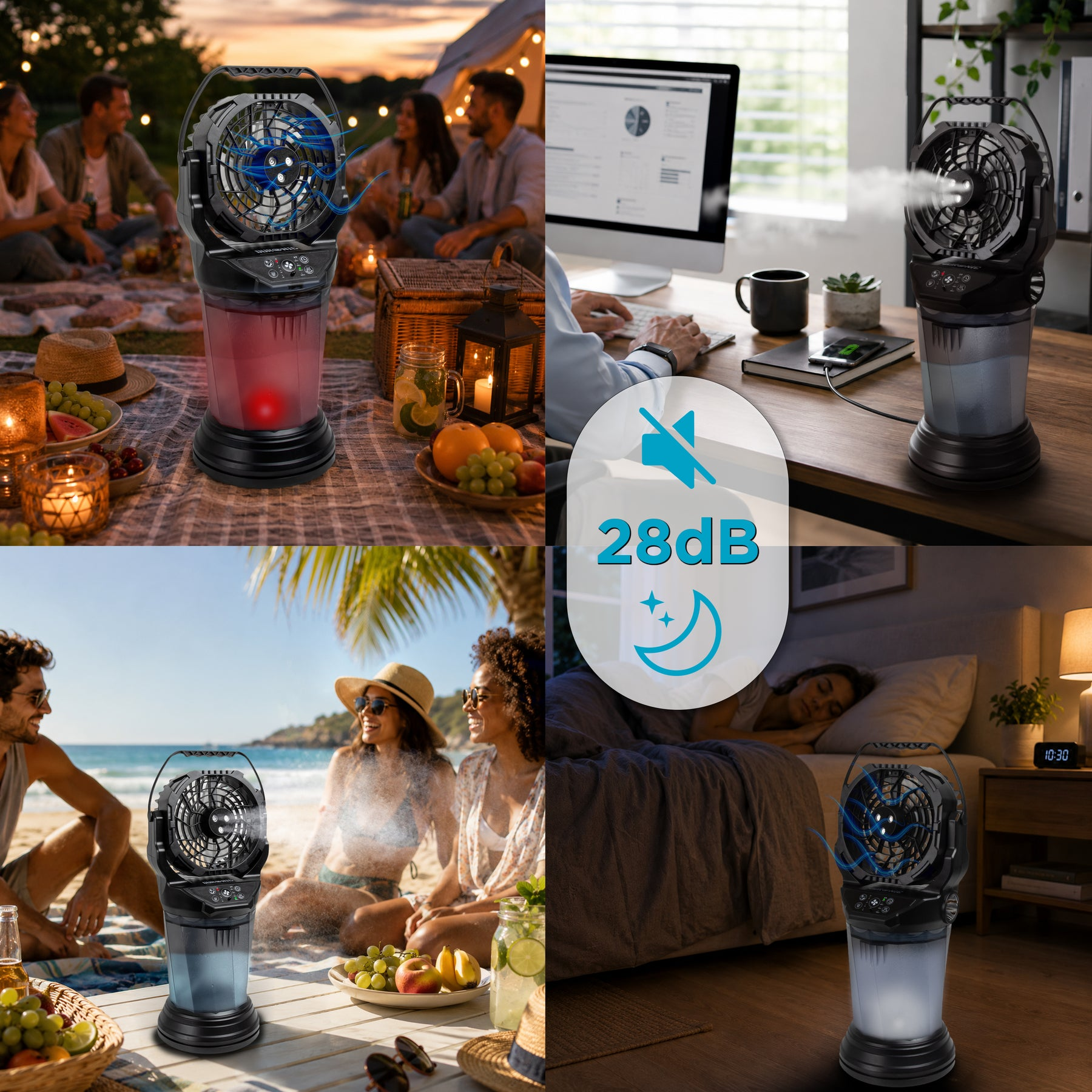 Ein tragbarer Ventilator mit Sprühfunktion wird an vier verschiedenen Orten wie Picknick, Büro, Strand und Schlafzimmer gezeigt.
