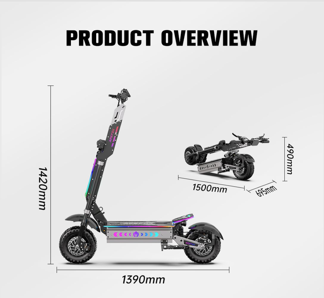 Schema panoramica di un monopattino elettrico con le dimensioni da aperto e da chiuso.