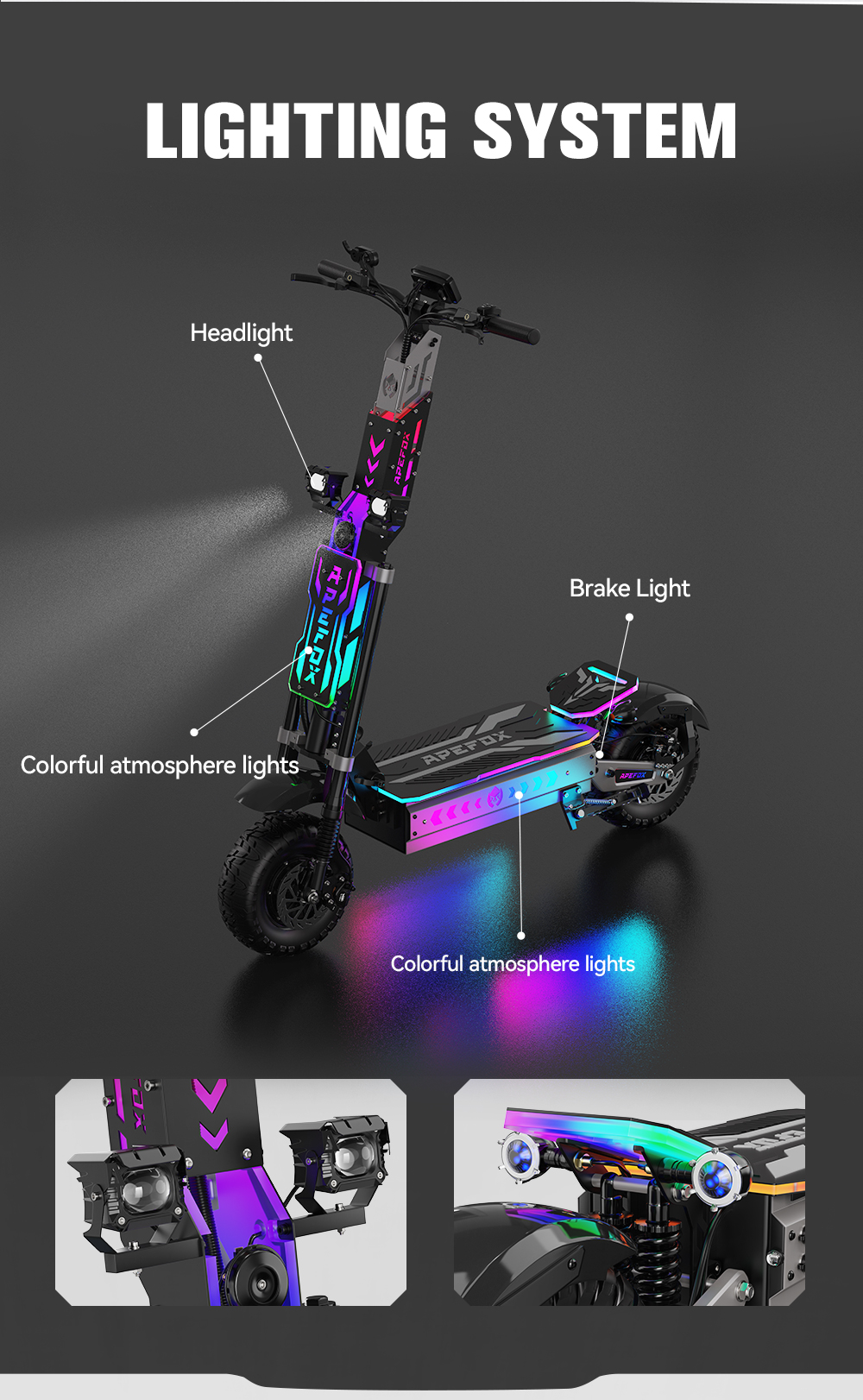 Un monopattino elettrico con un sistema di illuminazione colorato, che indica faro, luce di stop e luci d'atmosfera.