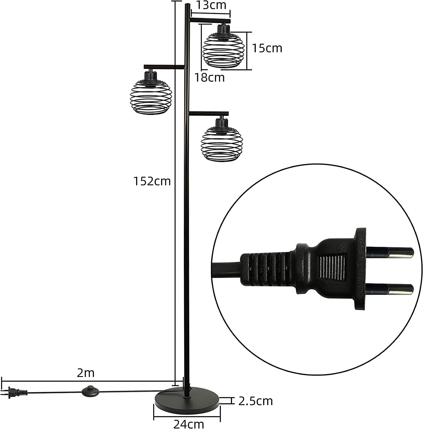 Schwarze Stehlampe mit drei runden Drahtschirmen und Bemaßungen auf weißem Hintergrund.