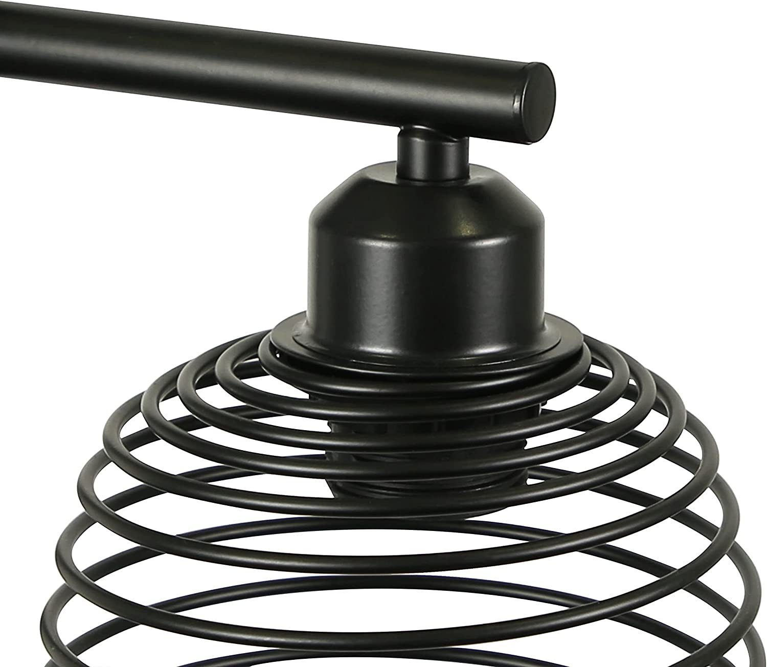 Schwarze Metalllampe mit Spiralschirm an einer Stange vor weißem Hintergrund.