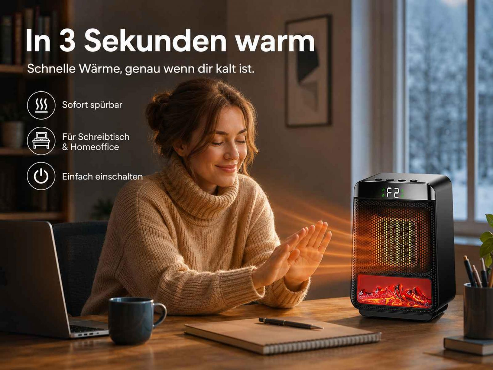 Eine Frau wärmt ihre Hände an einem kompakten elektrischen Heizlüfter auf ihrem Schreibtisch.
