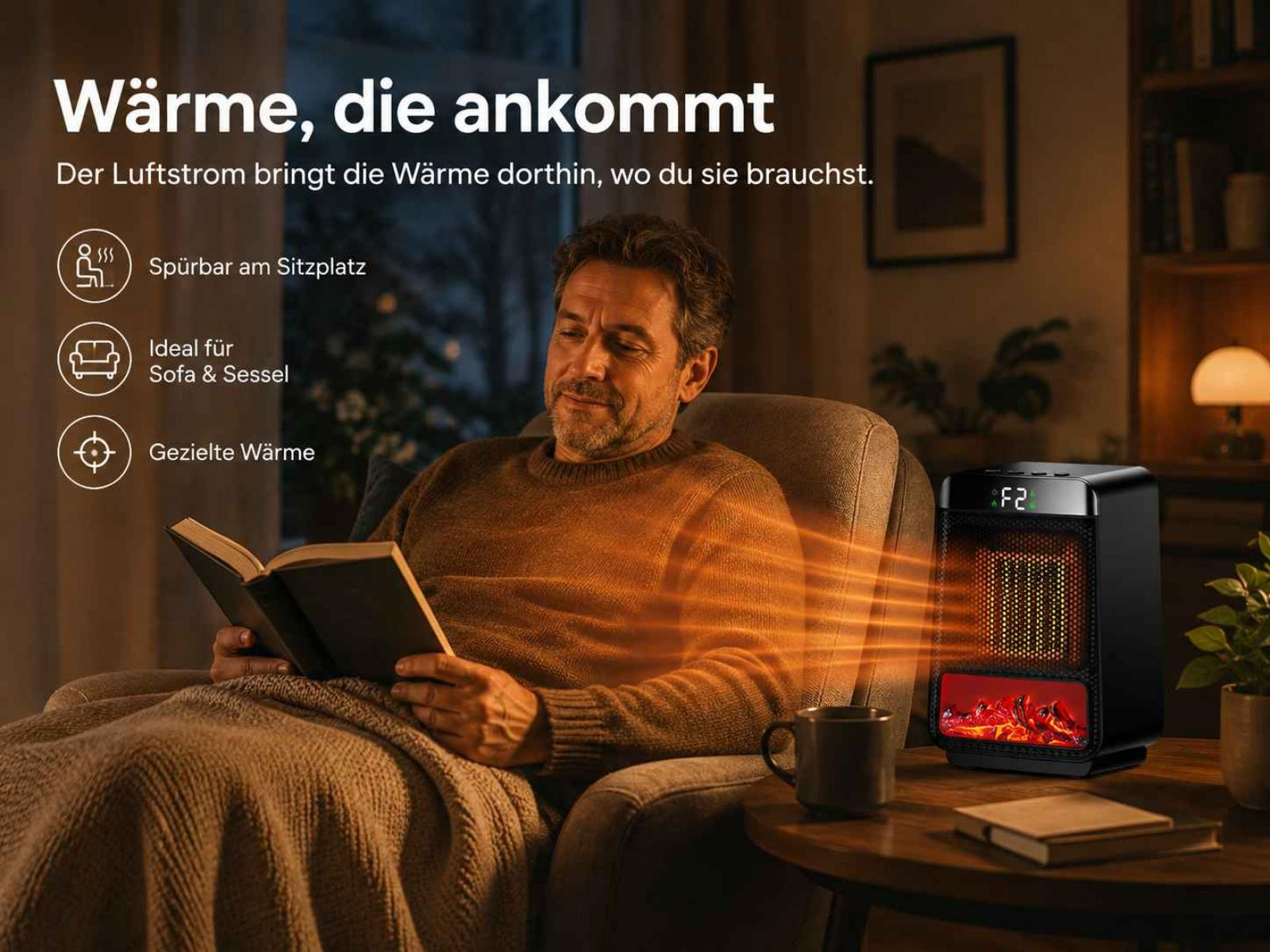 Ein Mann sitzt in einem Sessel, liest ein Buch und wird von einem kleinen Heizlüfter auf dem Tisch gewärmt.