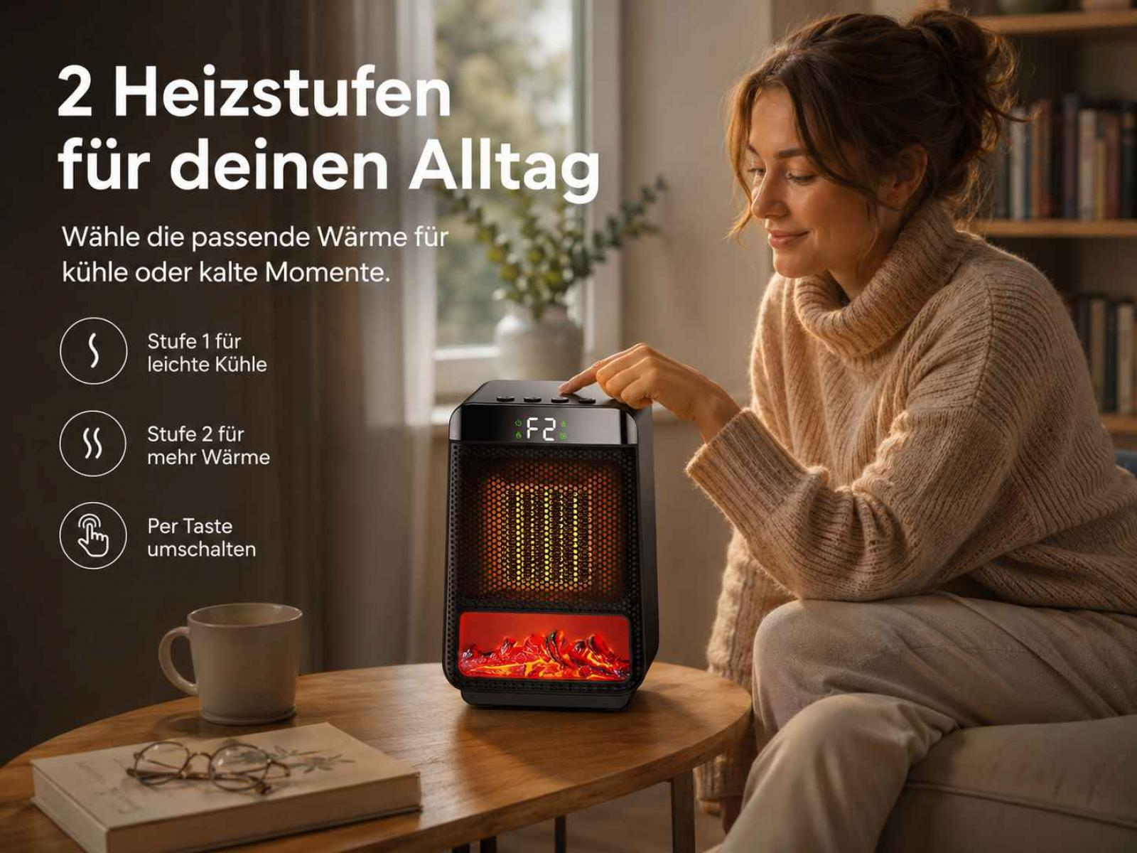 Eine Frau in einem gemütlichen Pullover sitzt im Wohnzimmer und bedient einen kleinen elektrischen Heizlüfter.