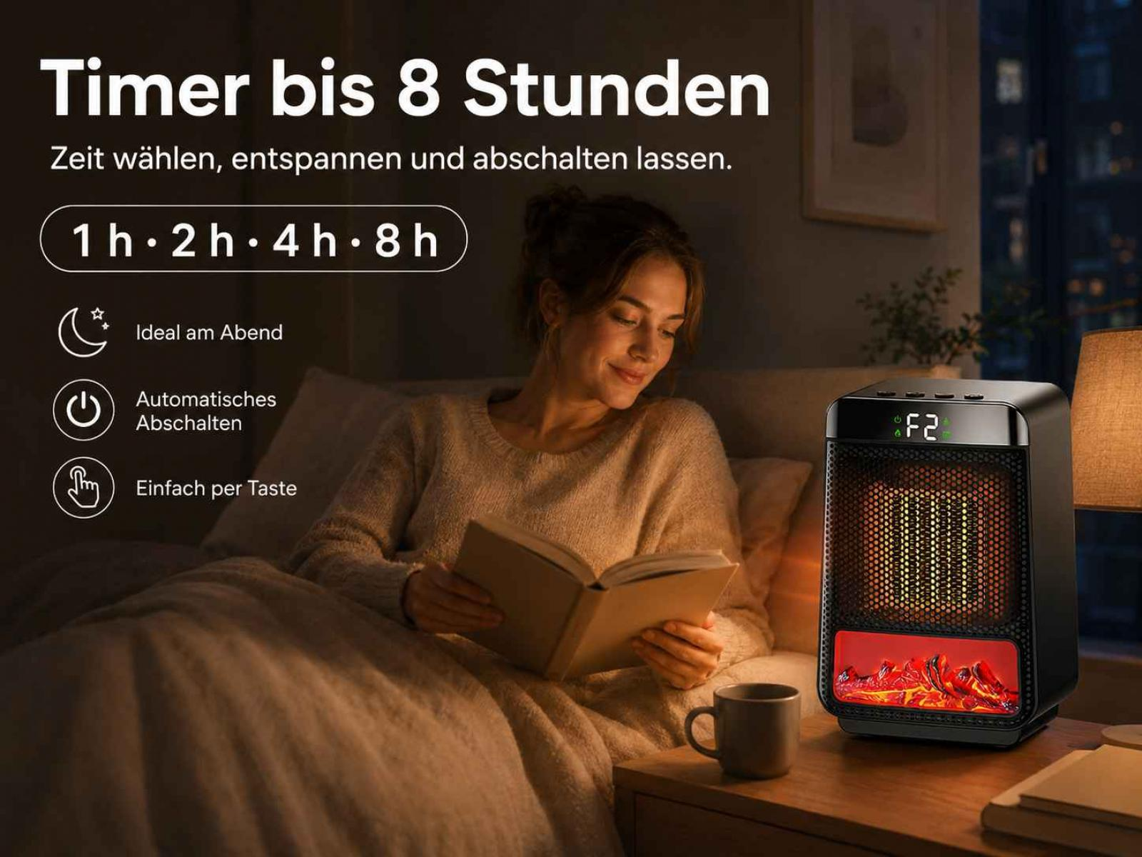 Eine Frau liest im Bett neben einem kleinen elektrischen Heizlüfter mit Flammeneffekt ein Buch.