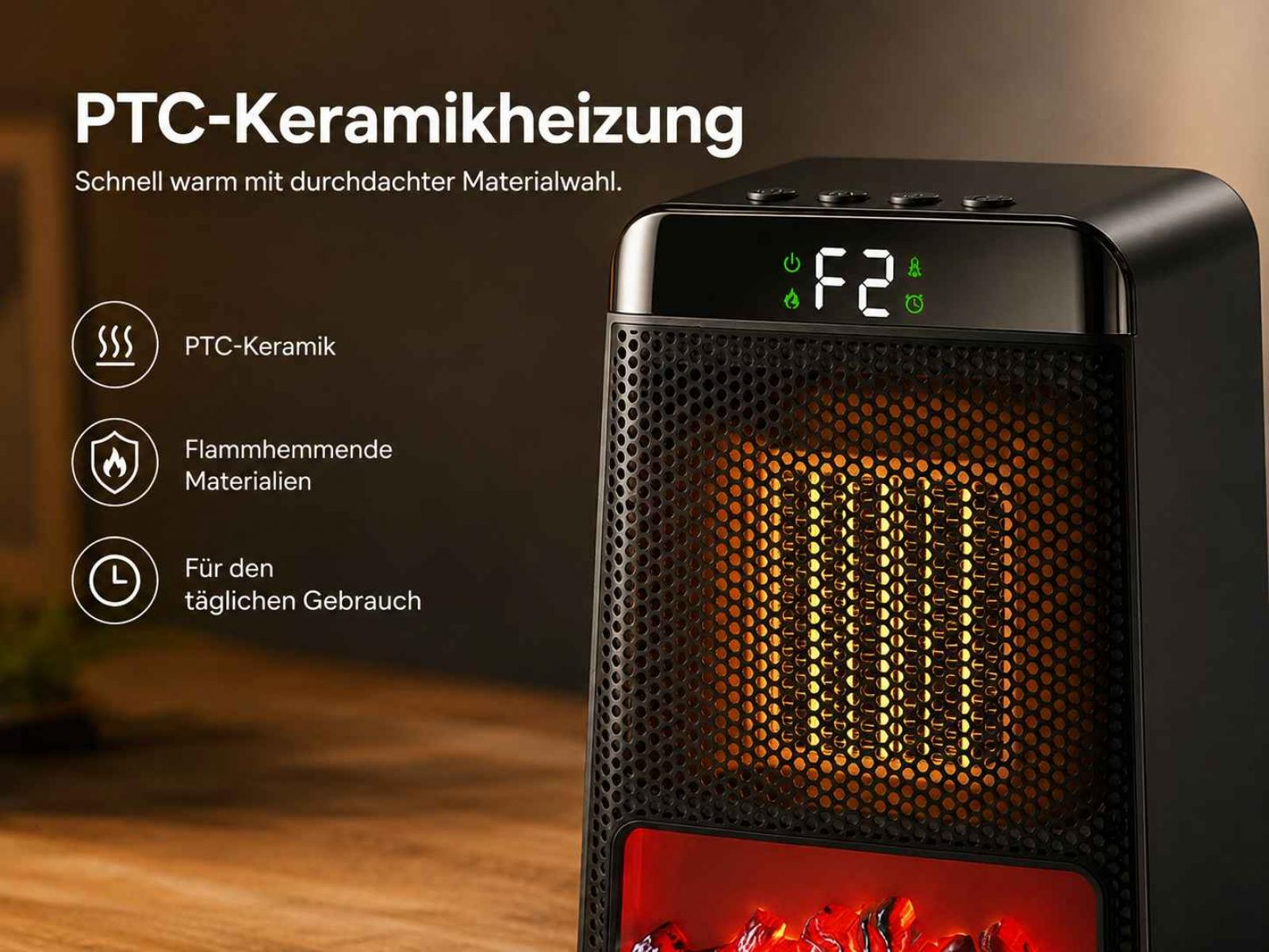 Schwarzer PTC-Keramikheizlüfter mit digitaler Anzeige und Flammen-Effekt auf einem Holztisch.