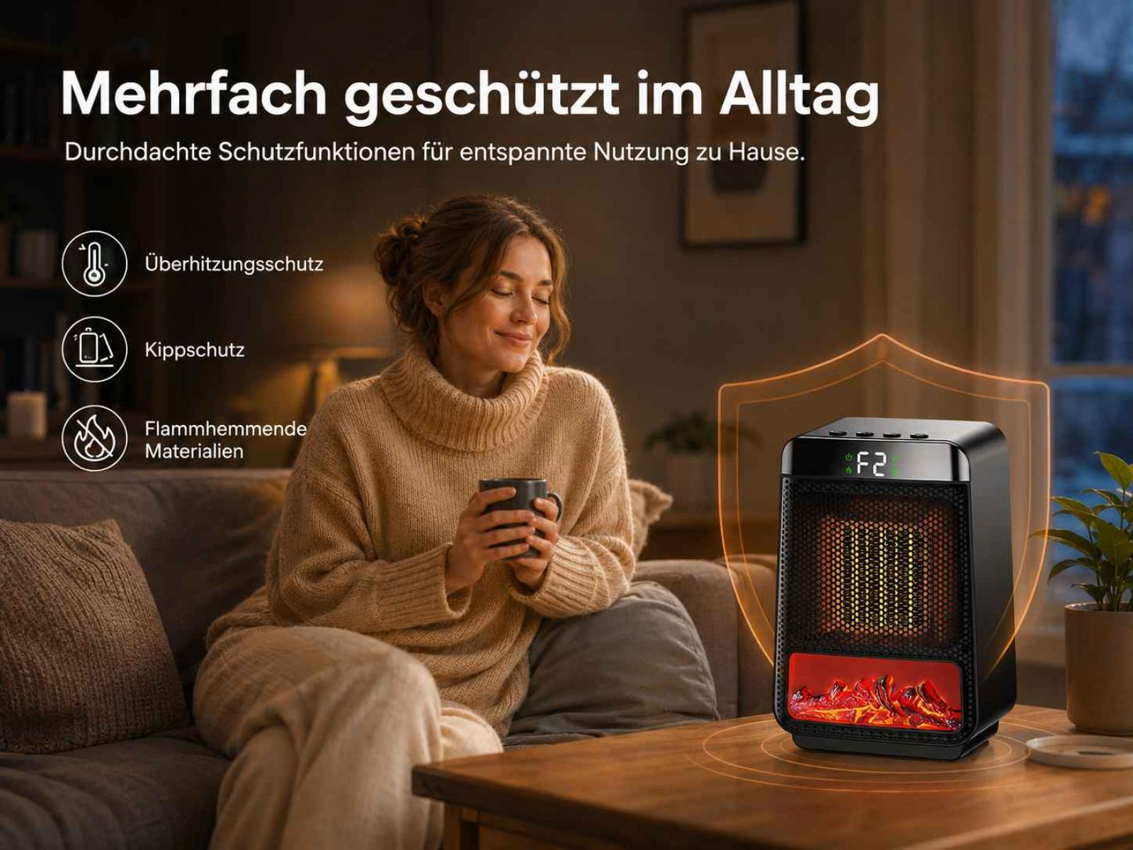 Eine Frau sitzt gemütlich auf dem Sofa und hält eine Tasse, während neben ihr ein elektrischer Heizlüfter steht.