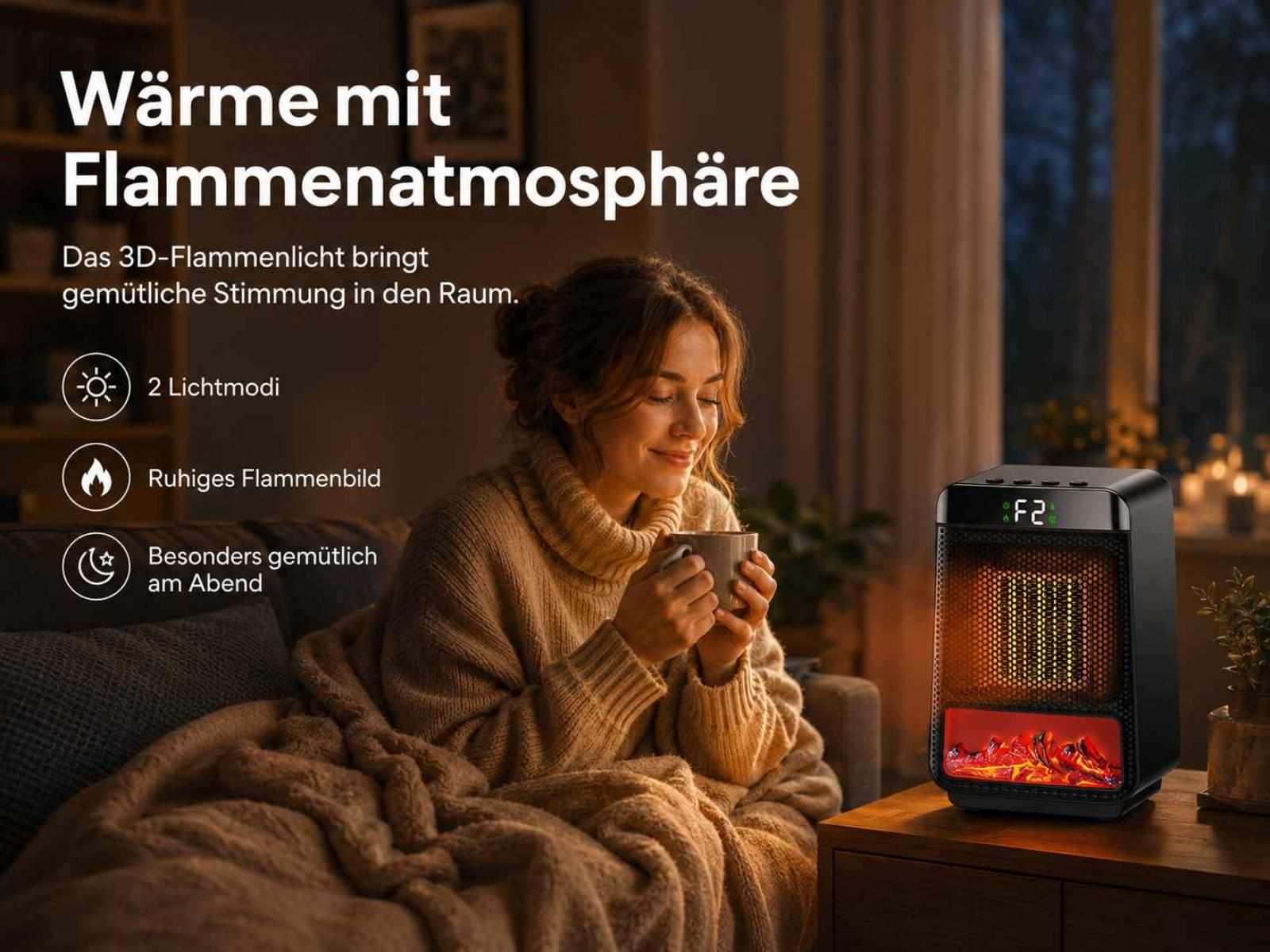 Eine Frau sitzt gemütlich auf einem Sofa und hält eine Tasse, daneben steht ein elektrischer Kaminheizlüfter.