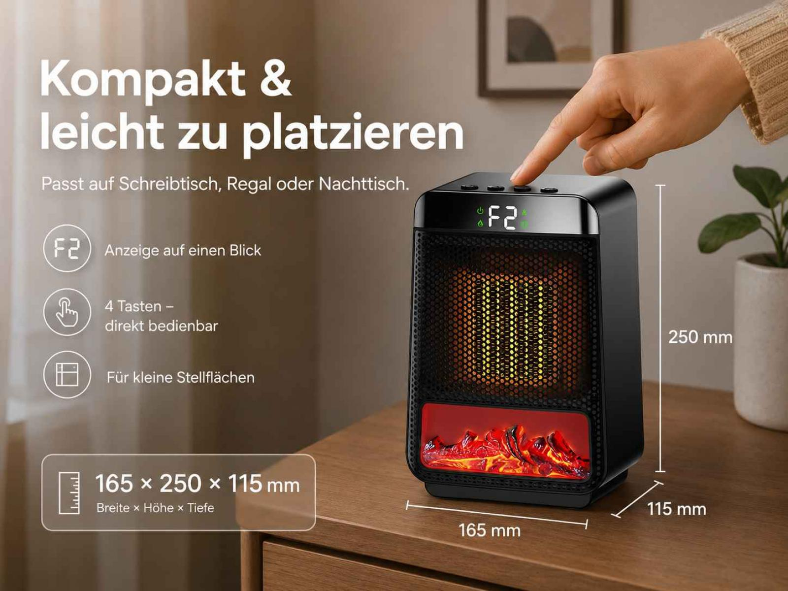 Kompakter schwarzer Heizlüfter auf Holzoberfläche mit Digitaldisplay und simuliertem Kaminfeuer, inklusive Maßen.
