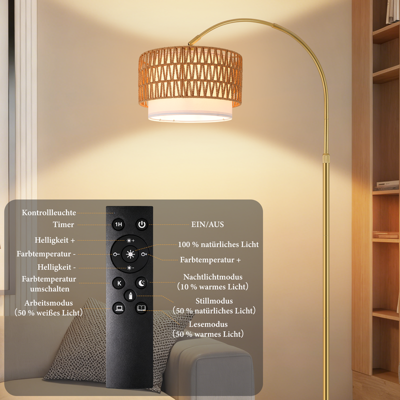 Goldene Bogenlampe mit Rattanschirm und einer Fernbedienung mit Funktionsbeschreibungen.