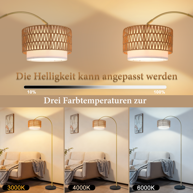 Bogenstehlampe mit geflochtenem Schirm zeigt Helligkeit von 10% bis 100% und drei Farbtemperaturen.