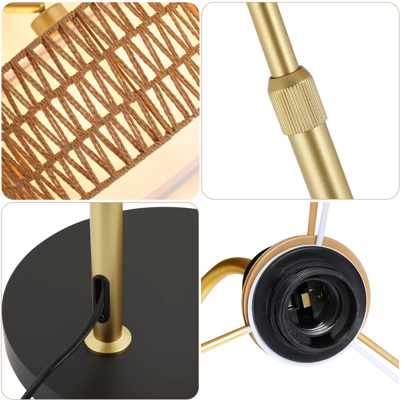 Vier Detailaufnahmen einer Lampe mit goldenem Metallgestell, Lampenschirm aus Kordel und schwarzem Sockel.
