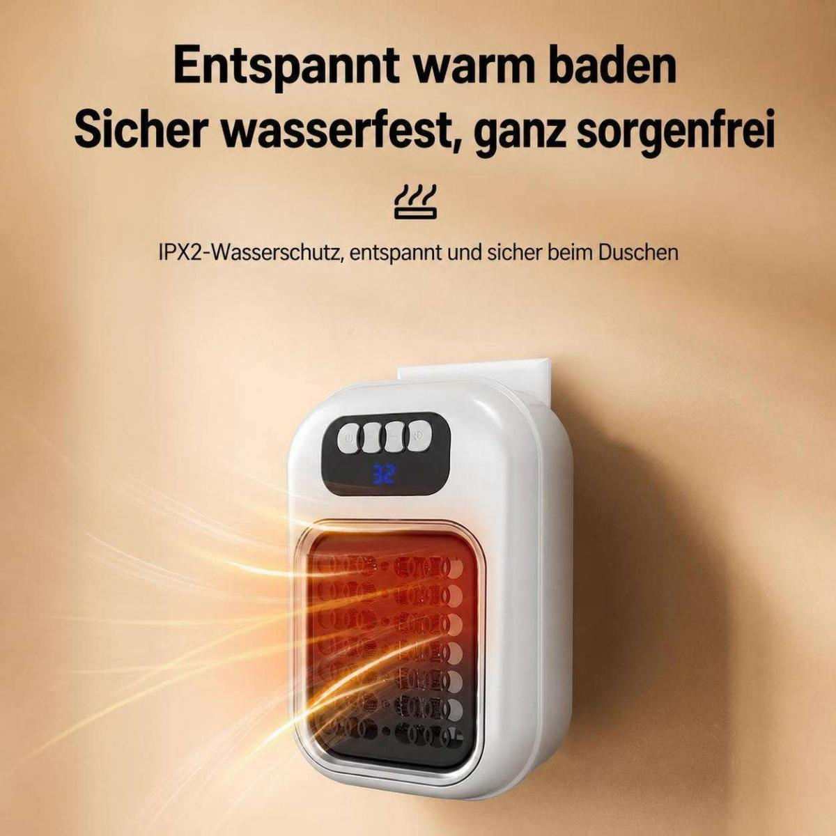 Ein weißer, wasserdichter Wandheizer mit orangen Lichtstrahlen und deutschem Text für sicheres Duschen an einer Wand.